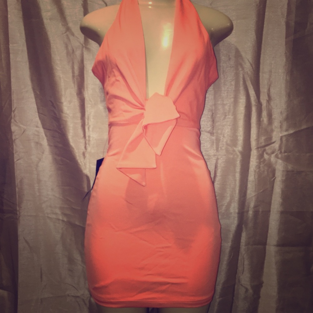 NWT BEBE Coral Halter Dress with Bow Size XS